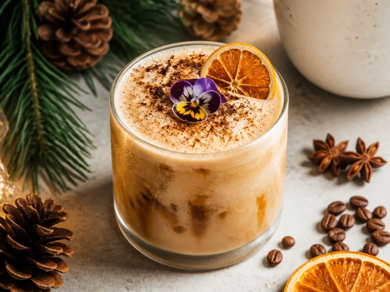 Bold espresso eggnog in a small glass with a light foam top and nutmeg garnish
