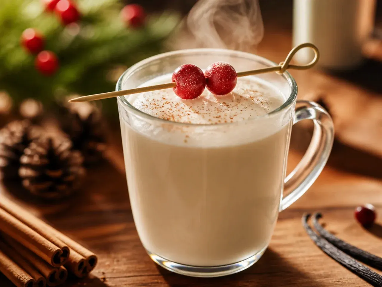 Smooth vanilla bean steamer in a glass mug with visible vanilla bean flecks and a light honey drizzle