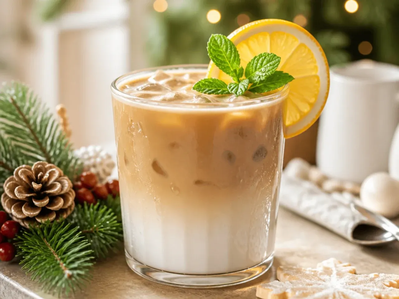 Iced sugar cookie latte in a glass with a sugar rim, ice cubes and a light drizzle of vanilla syrup