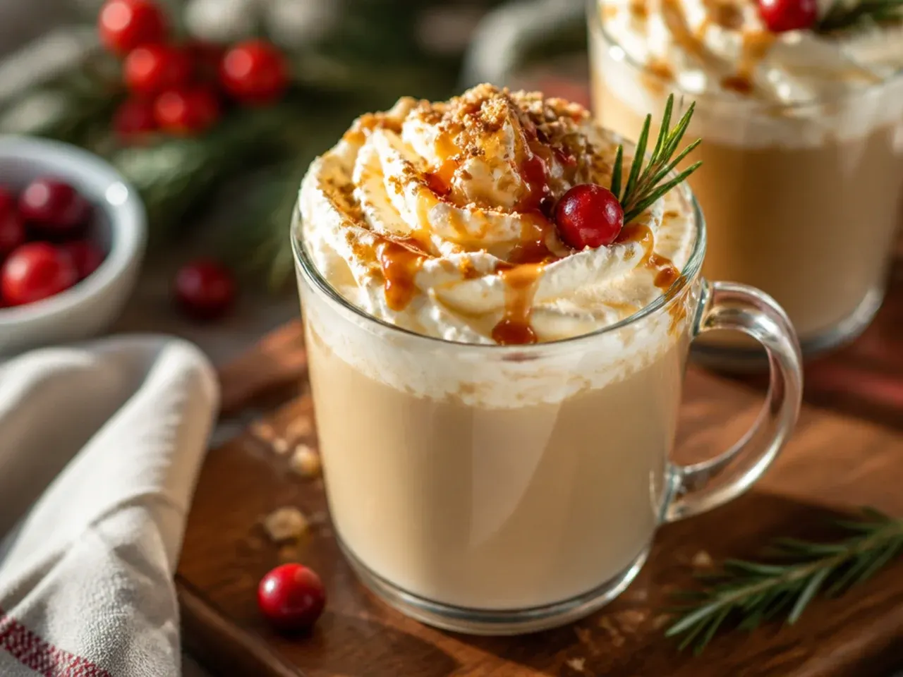 Copycat chestnut praline latte in a glass mug topped with whipped cream and praline crumble