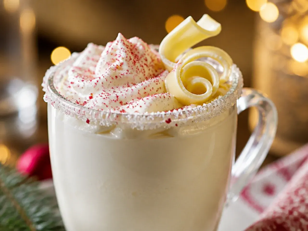 Creamy white hot chocolate in a glass mug topped with whipped cream and edible silver sprinkles