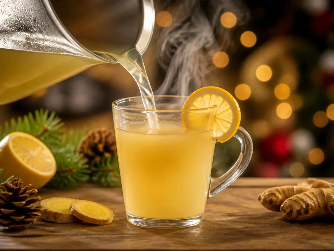 Refreshing ginger lemon toddy in a clear glass mug with a lemon wheel studded with cloves