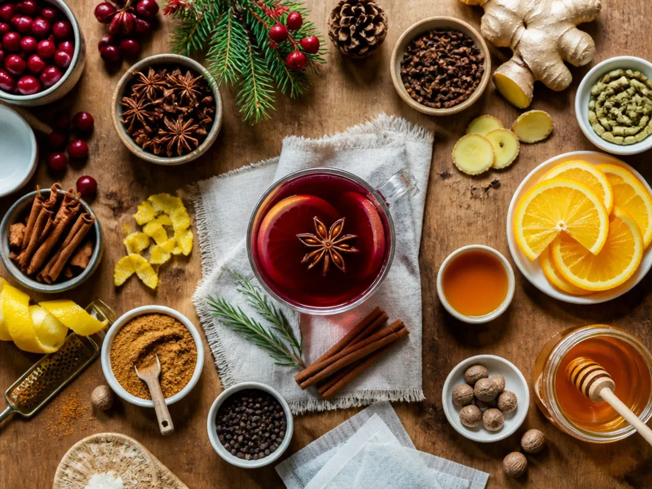 Close-up of hands warming a mug with hot water before pouring a holiday drink, with spices scattered nearby
