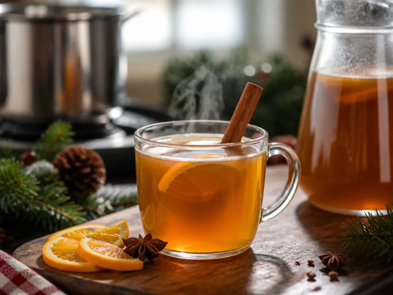 A slow cooker filled with warm holiday drink mix and a ladle, surrounded by mugs ready for serving