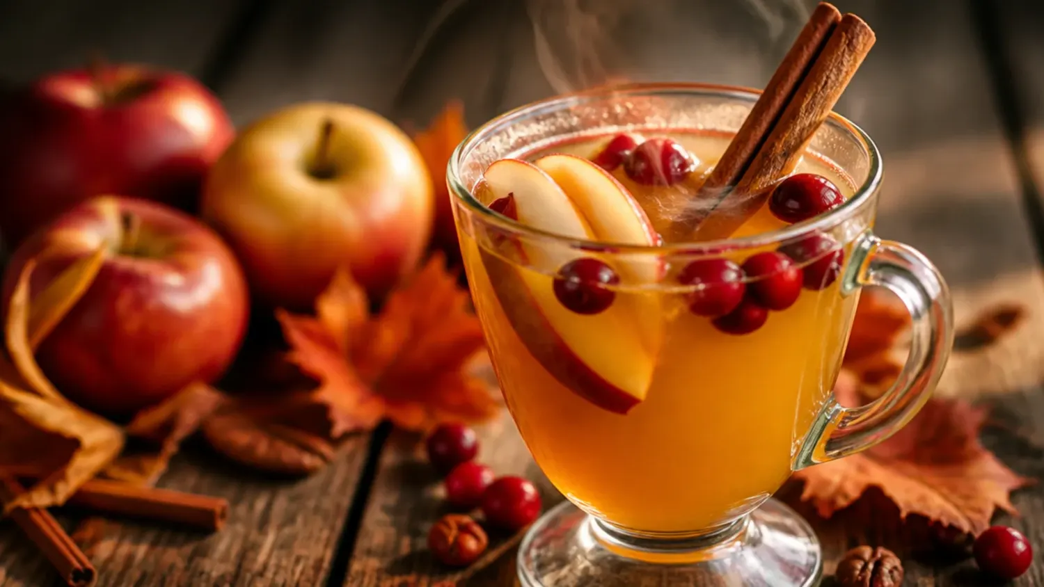 A wooden table set for Thanksgiving with steaming mugs of spiced apple cider, mulled wine, and hot cocoa garnished with cinnamon sticks and orange slices