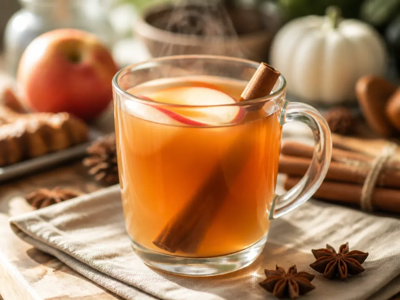 Overhead shot of several mugs of warm Thanksgiving drinks arranged on a rustic table with cinnamon sticks and orange slices