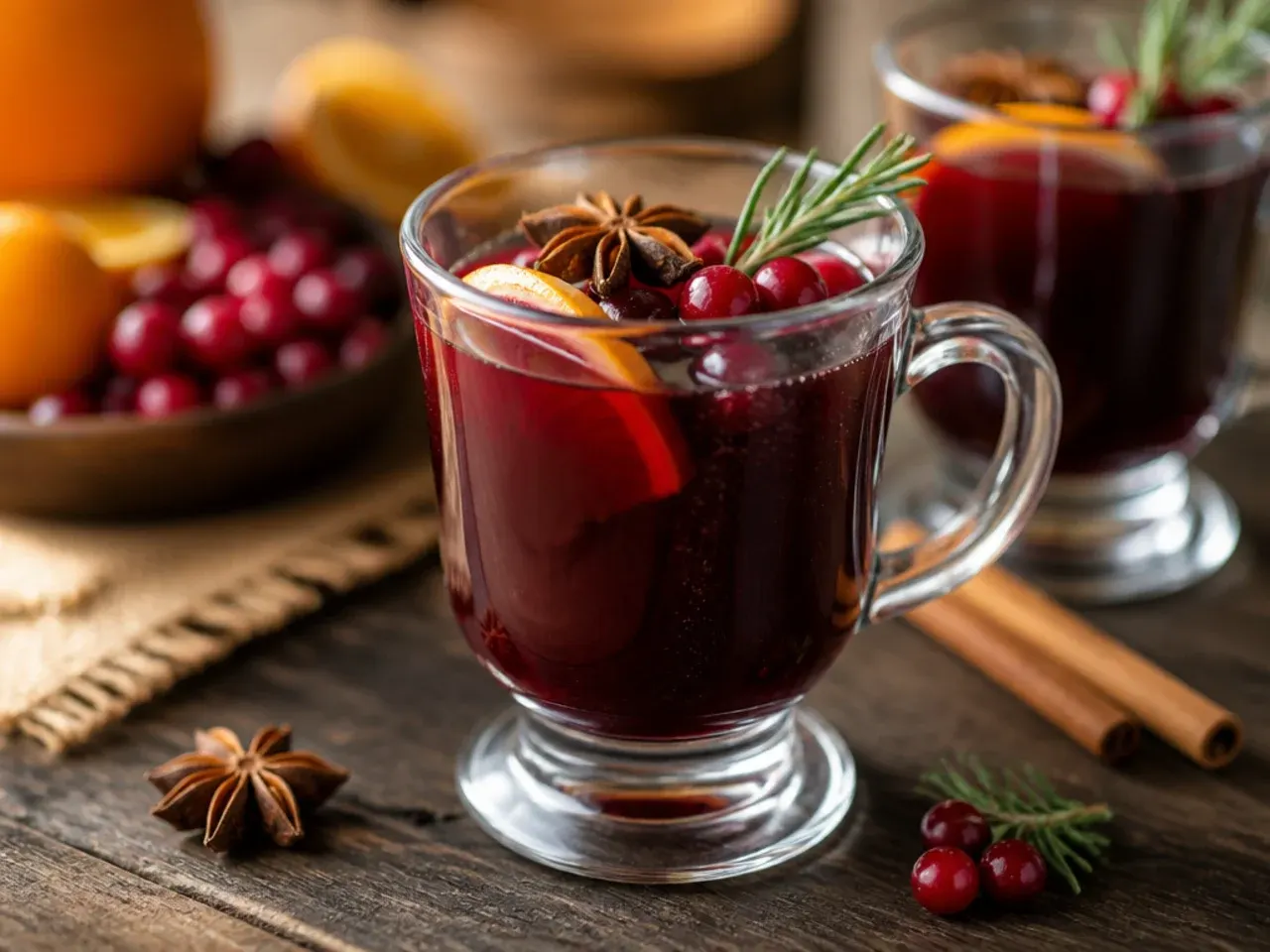 A glass mug of mulled red wine garnished with an orange slice and star anise pod