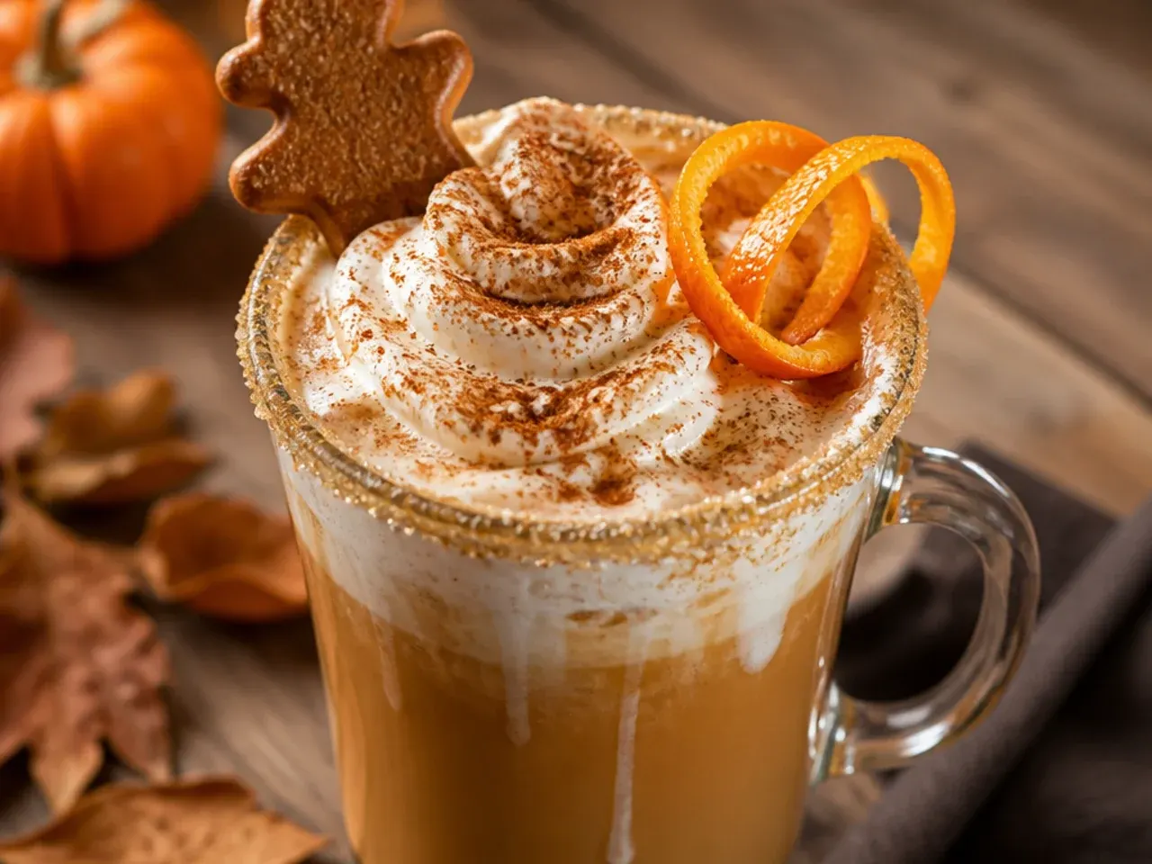 A gingerbread latte in a clear glass mug with latte art and a dusting of cinnamon on top