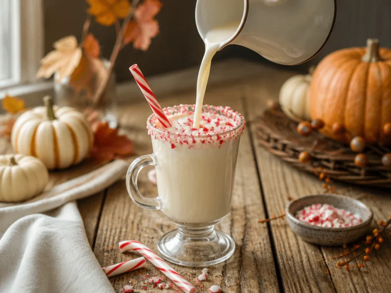 A mug of creamy white hot chocolate topped with whipped cream and crushed candy cane pieces