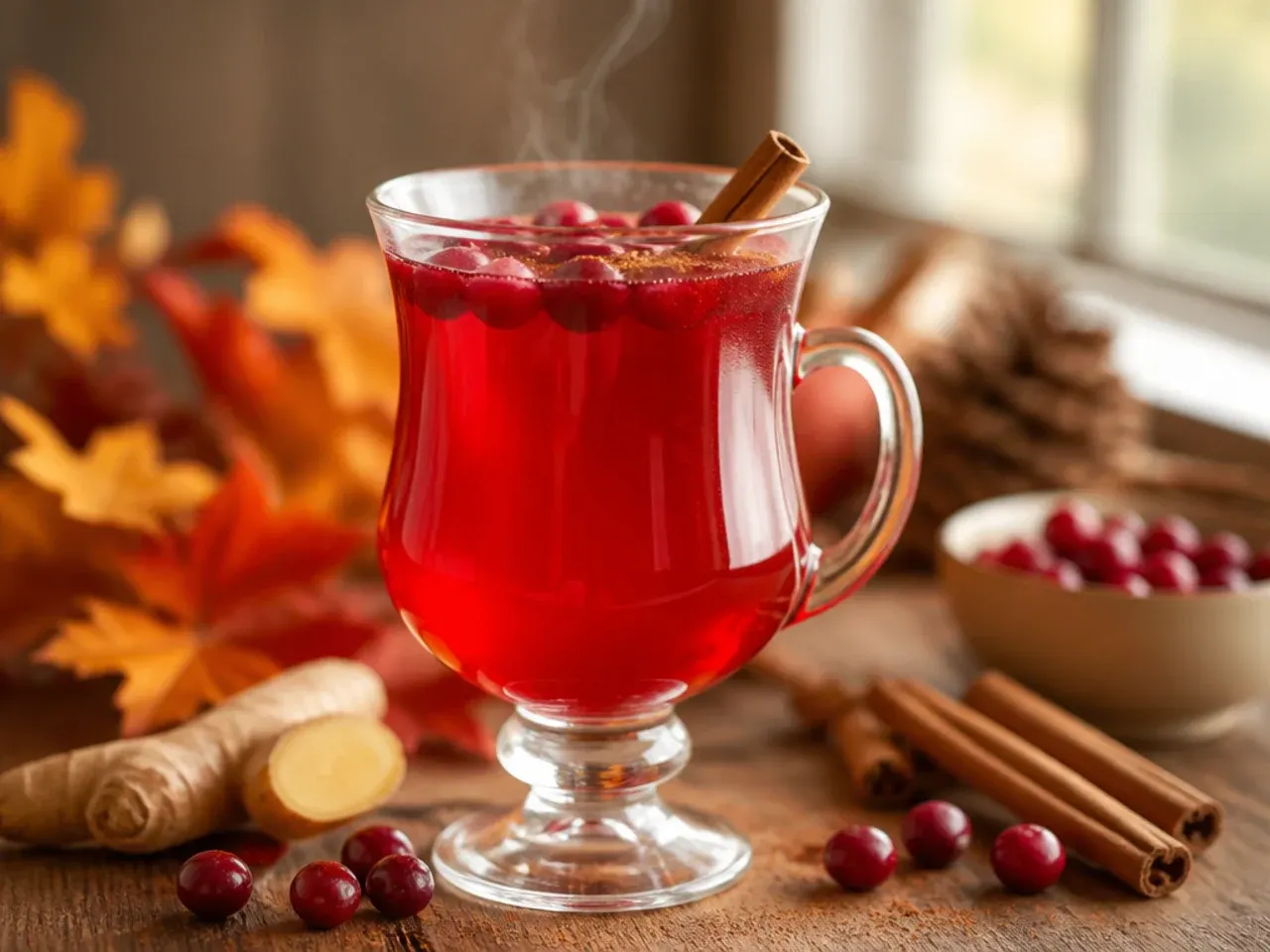 A glass of warm cranberry ginger punch garnished with fresh cranberries and a cinnamon stick