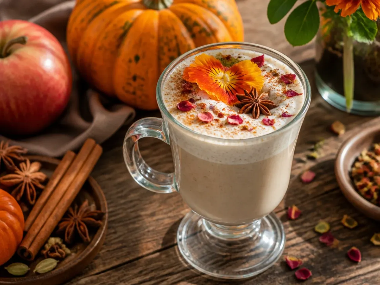 A mug of spiced chai steamed milk with a light foam top and a cinnamon stick garnish