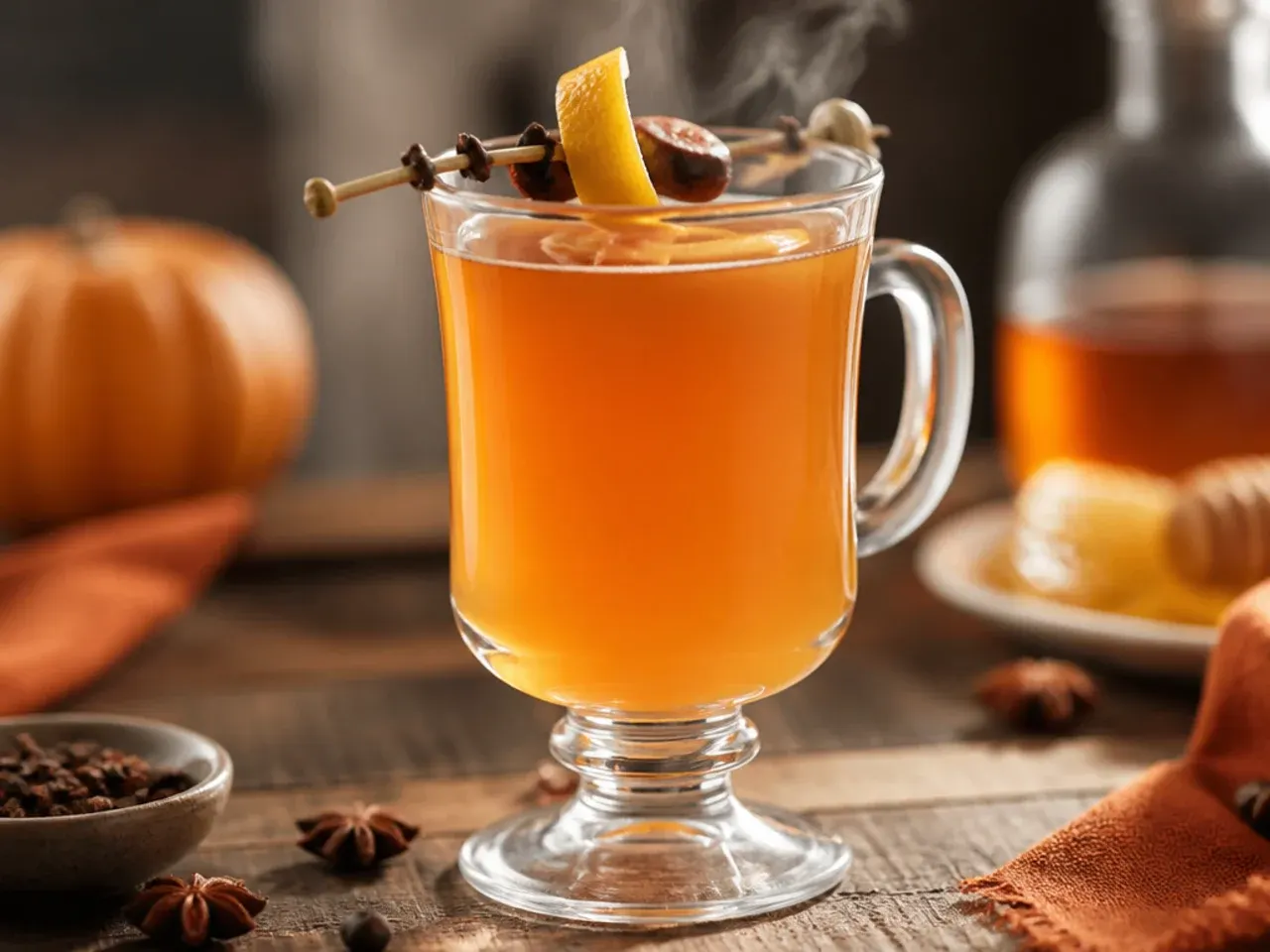 A hot toddy in a clear glass mug with a lemon wheel, cinnamon stick, and steam rising