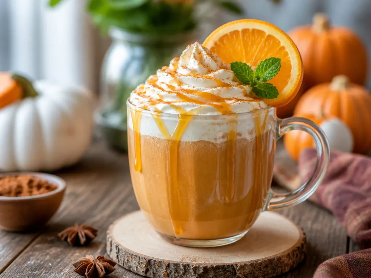 A pumpkin spice latte with whipped cream, caramel drizzle, and a sprinkle of pumpkin spice on top