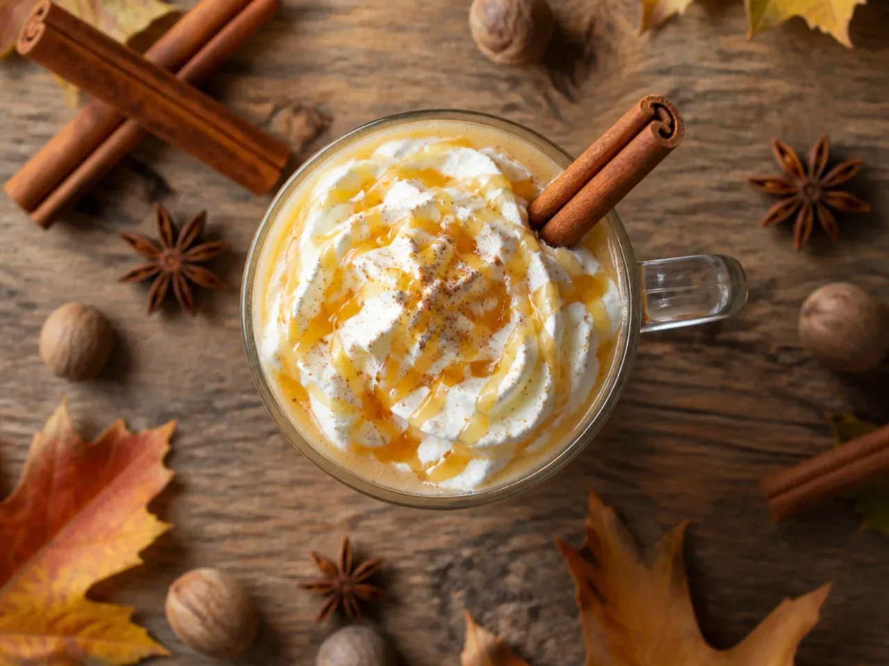 A mug of hot buttered rum with melted butter swirled on top and a cinnamon stick garnish