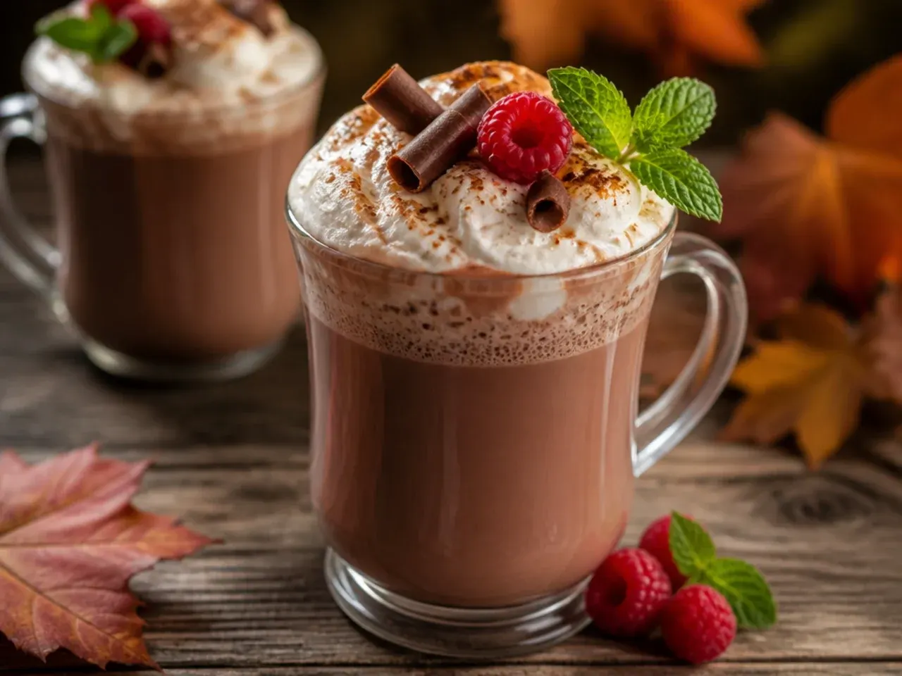 A frothy blended hot chocolate in a mug with swirls of marshmallow cream on top