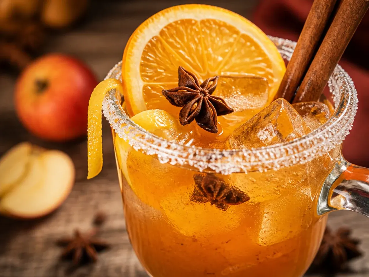 A large bowl of spiced wassail with a ladle, orange slices, and cinnamon sticks floating on top