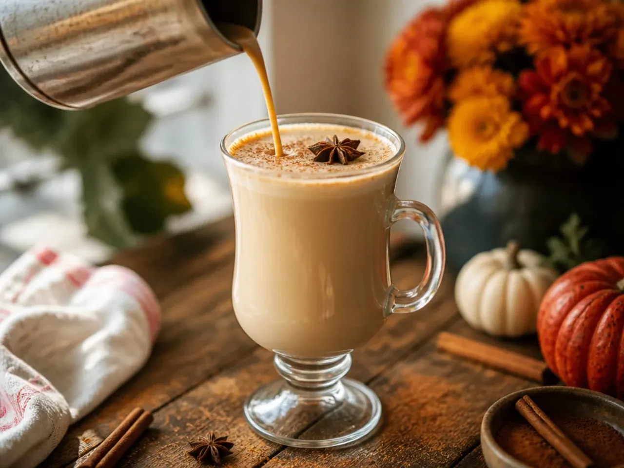 A small glass mug of warm eggnog latte dusted with fresh grated nutmeg