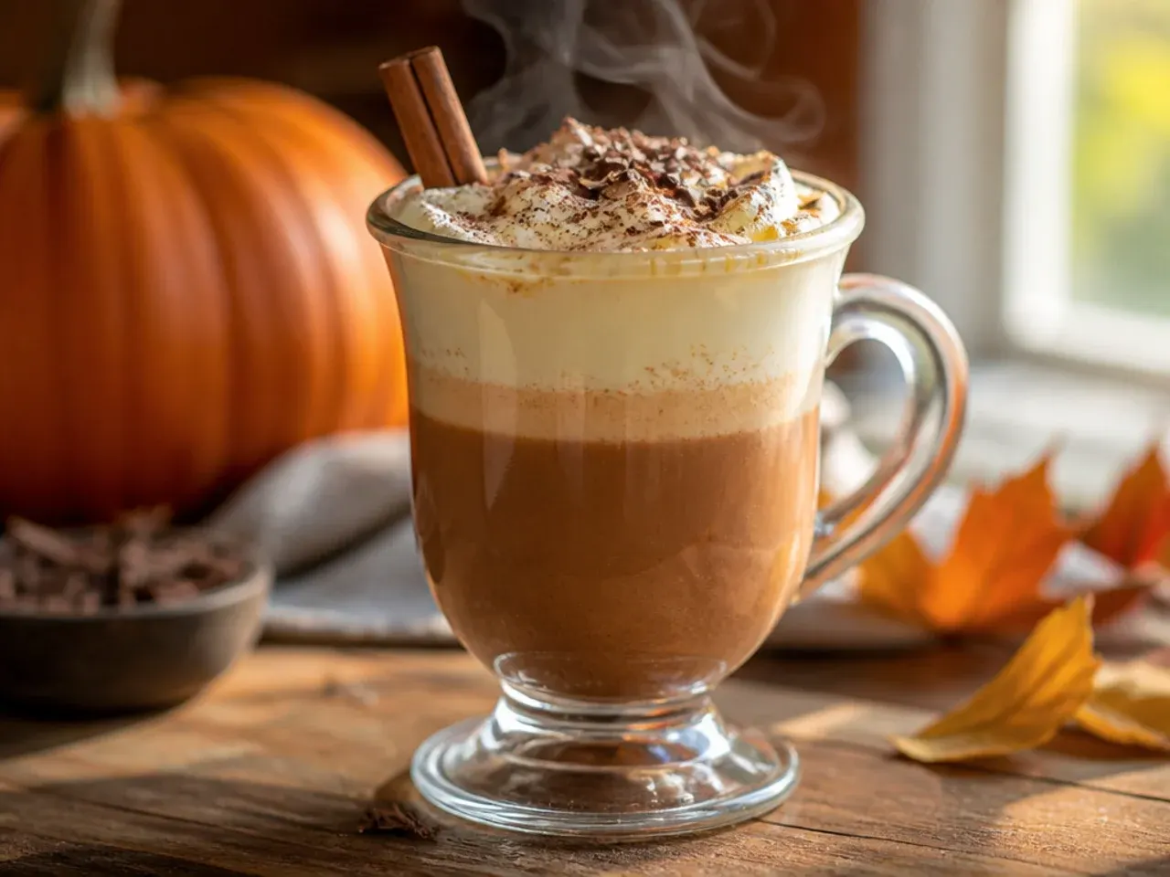 A mug of hot cocoa with a layered cream and Irish cream liqueur topping visible near the rim