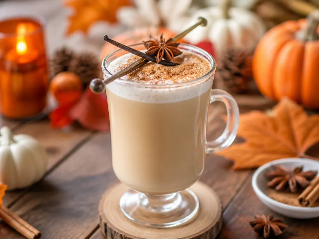 A vanilla chai latte with smooth milk foam and a light dusting of cinnamon on top