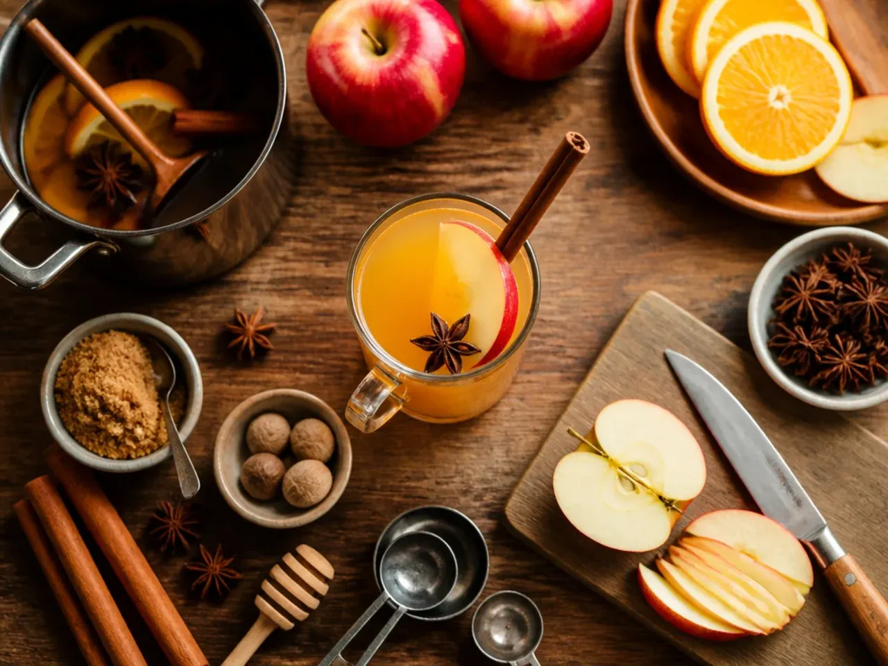 Close-up of whole cinnamon sticks, cloves, and star anise on a wooden board next to a simmering pot