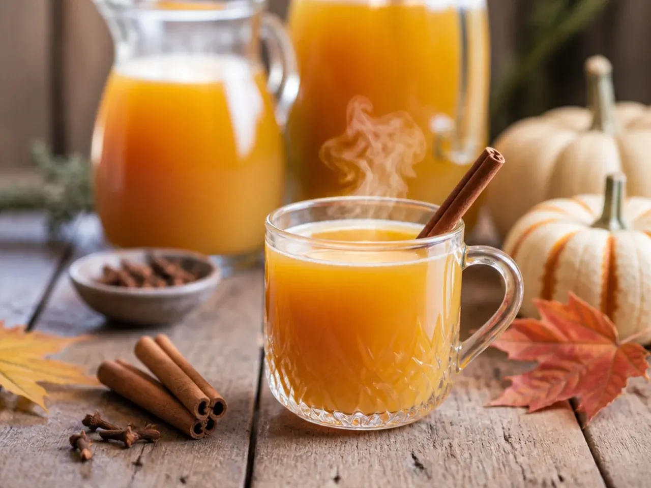A slow cooker filled with warm spiced cider set out on a buffet table alongside mugs and garnishes