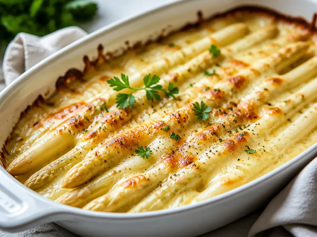 A bundle of freshly peeled white asparagus spears laid on a linen cloth next to a vegetable peeler.