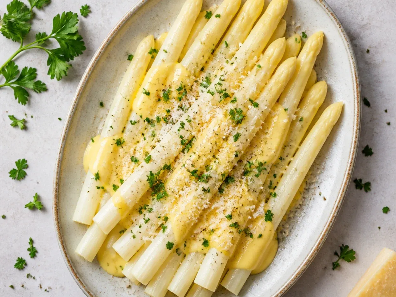 Plate of poached white asparagus spears drizzled with pale yellow hollandaise sauce, served with boiled potatoes and ham.