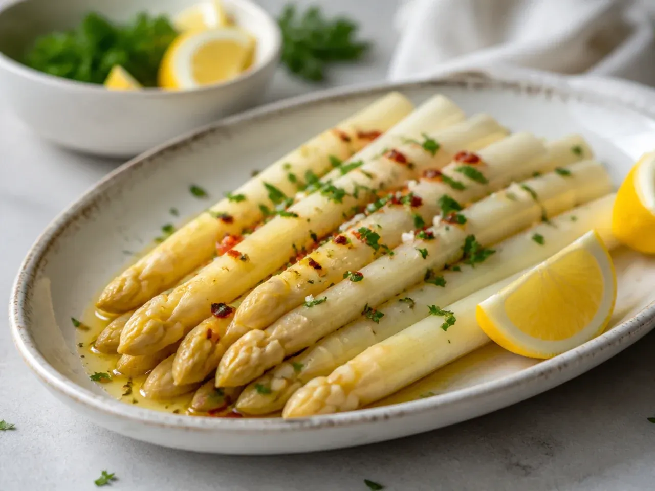 Steamed white asparagus spears glistening with melted lemon butter on a white plate.