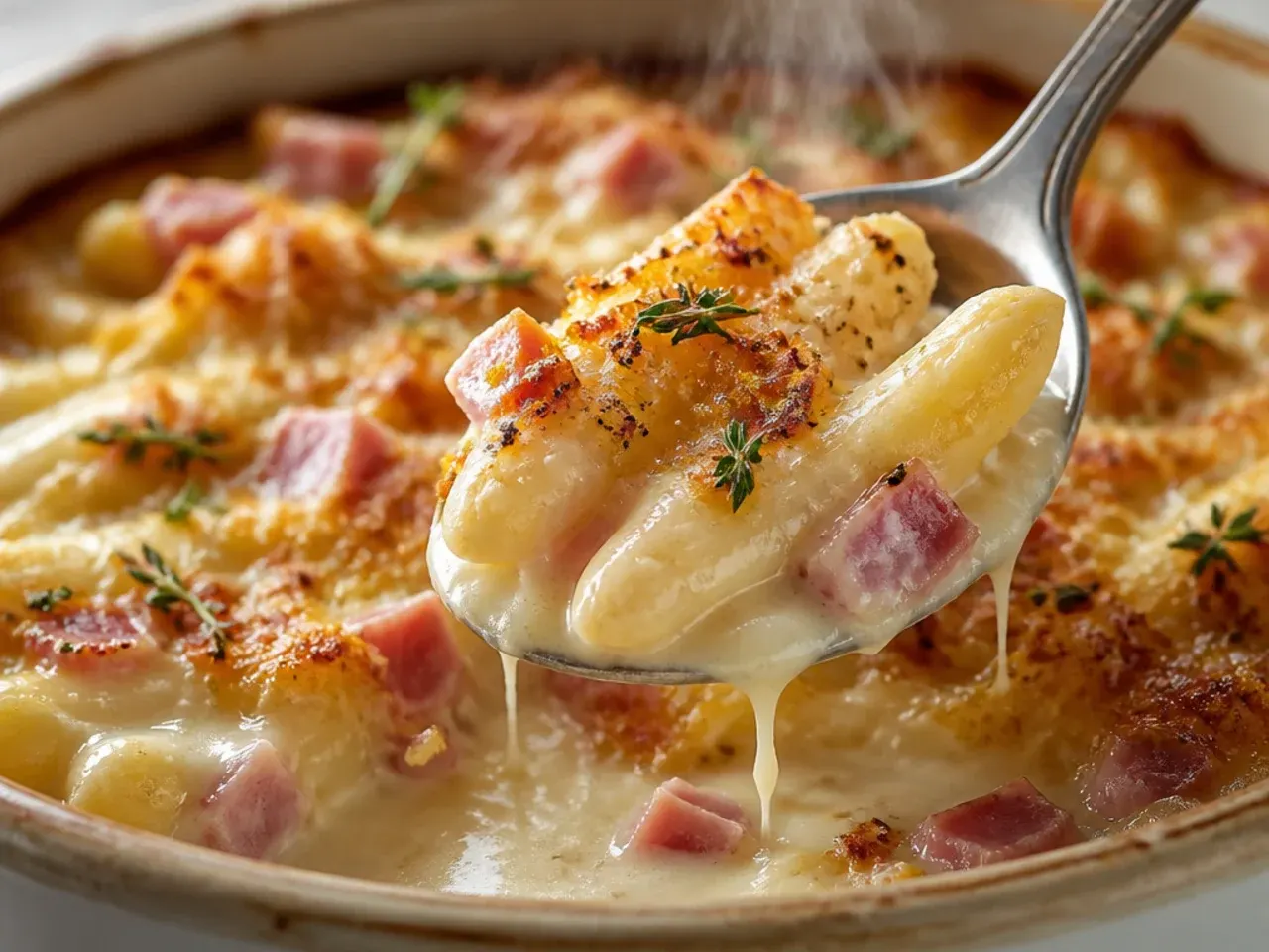Baking dish of white asparagus and ham bake in creamy béchamel sauce, golden on top, fresh out of the oven.