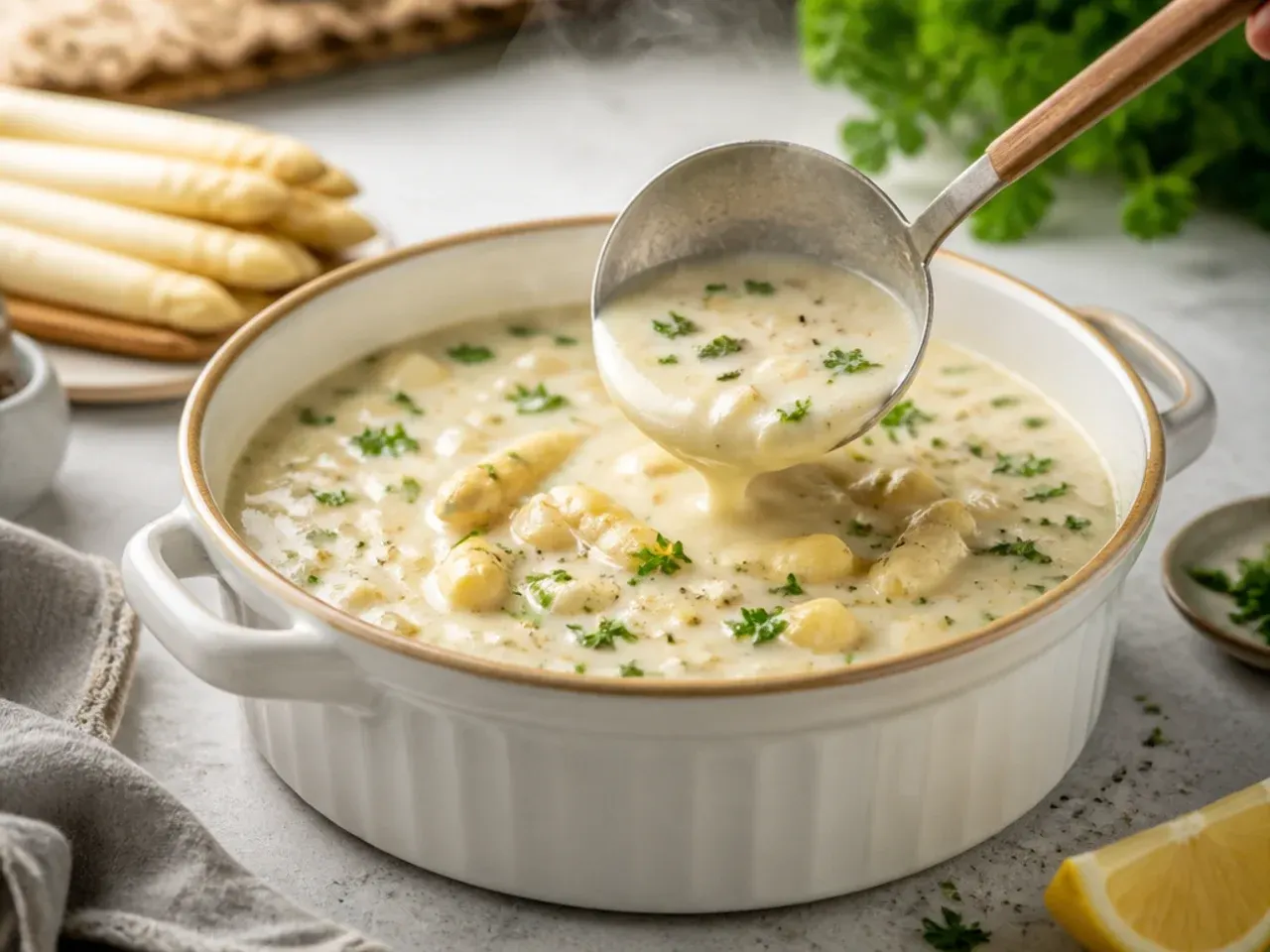 Bowl of creamy pale white asparagus soup garnished with a few whole asparagus tips and a swirl of cream.
