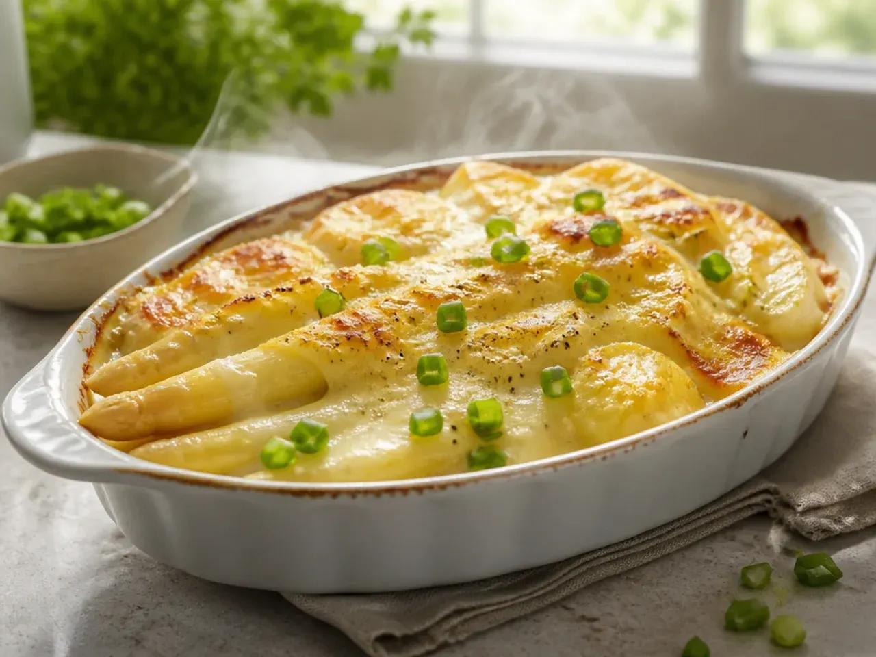 Cross-section of a layered white asparagus and potato gratin showing creamy sauce between the layers.