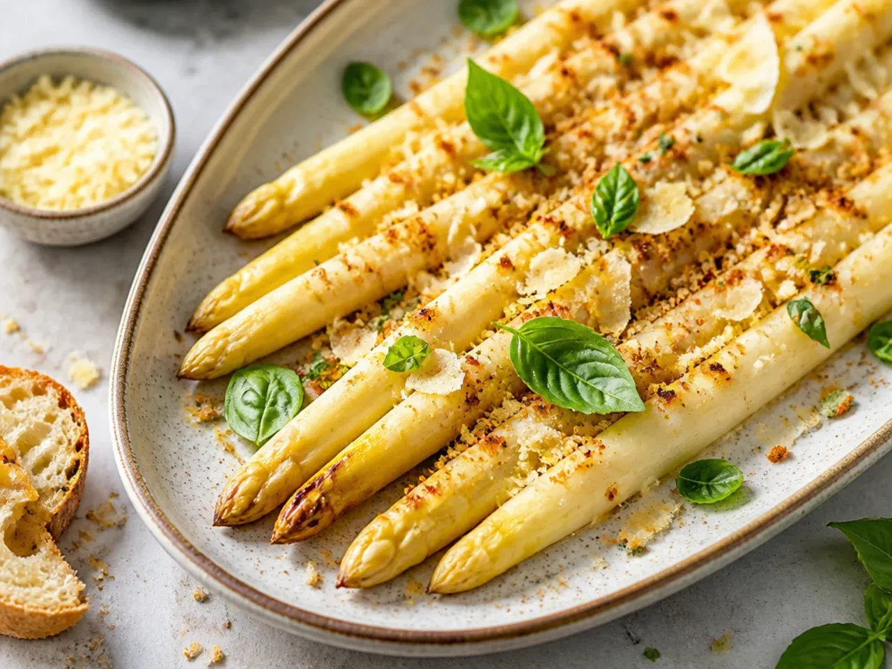 Tray of roasted white asparagus spears with caramelised tips, topped with shaved Parmesan.