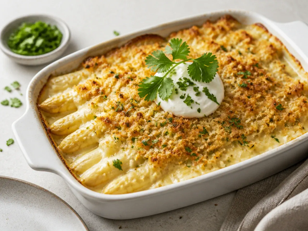 Close-up of a golden, bubbling white asparagus gratin with melted Gruyère cheese and crisp panko crust.