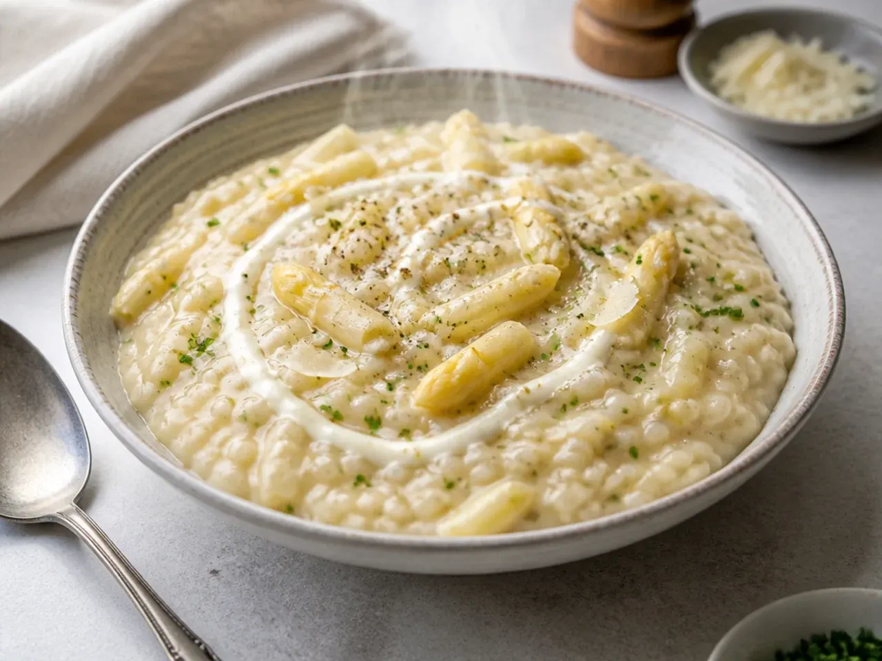Creamy white asparagus risotto in a shallow bowl, topped with whole asparagus tips and grated Parmesan.