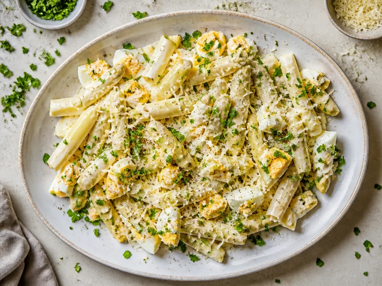 White asparagus salad topped with halved soft-boiled eggs and a light mustard vinaigrette.