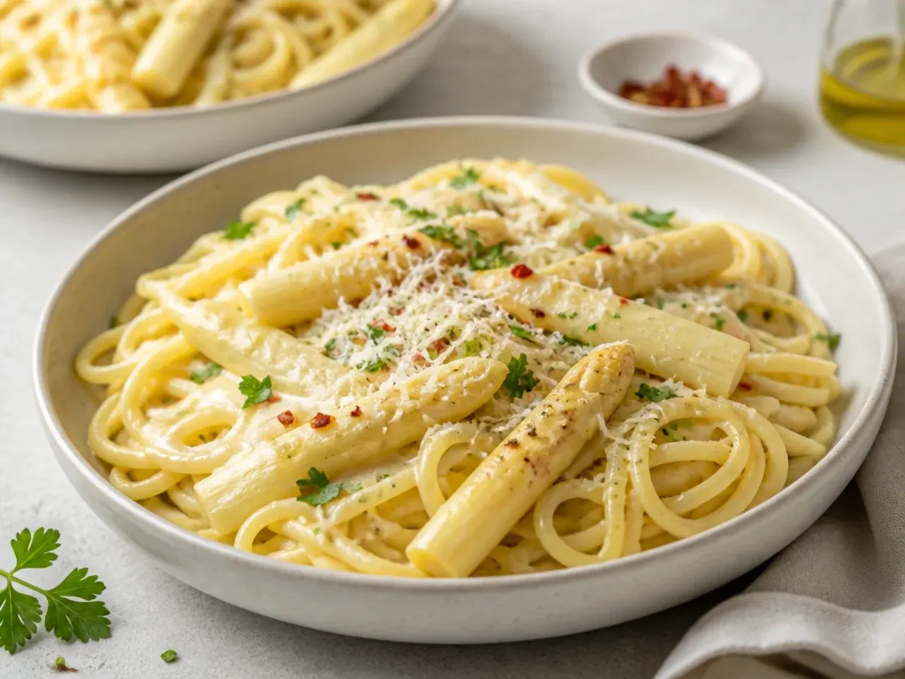 Bowl of pasta tossed with sliced white asparagus, butter and grated Parmesan, garnished with lemon zest.
