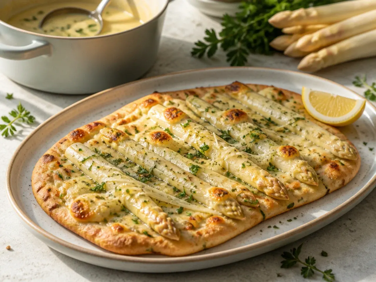 Crisp flatbread topped with melted mozzarella, chopped white asparagus and prosciutto, sliced into pieces.