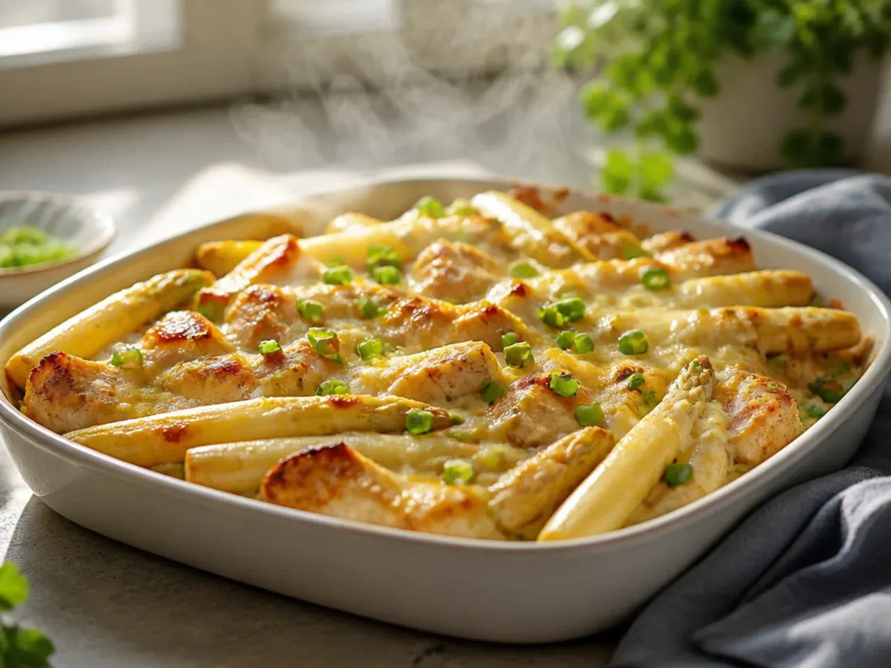 Large baking dish of chicken thighs and white asparagus in creamy sauce topped with melted cheddar.