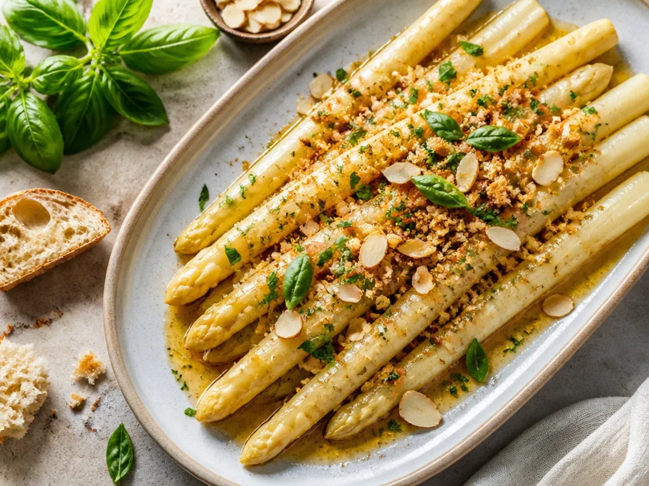 White asparagus spears drizzled with nutty brown butter and scattered with toasted flaked almonds.