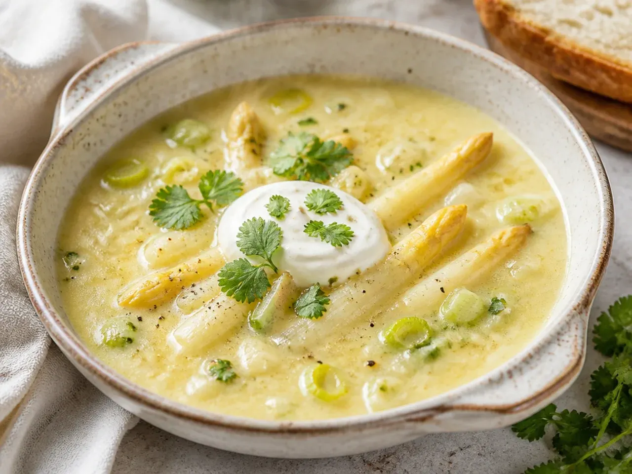 Pot of creamy white asparagus and leek soup being ladled into a bowl, garnished with croutons.