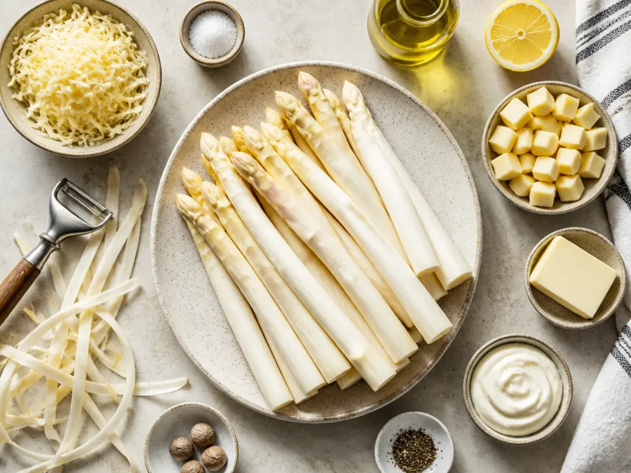 Hands peeling a white asparagus spear with a vegetable peeler over a wooden chopping board.