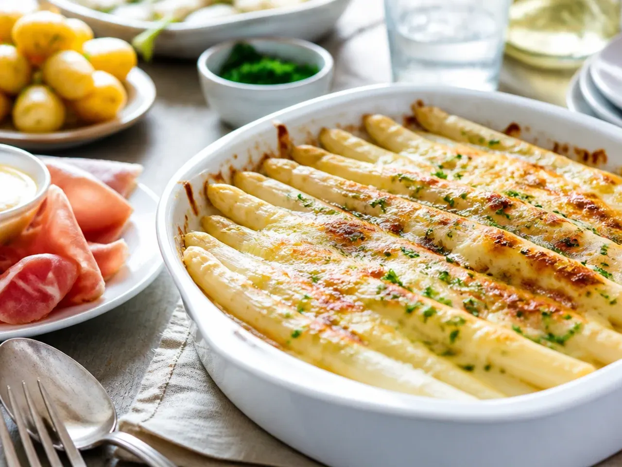 Spring dinner table set with a platter of white asparagus, boiled potatoes, ham and a glass of white wine.