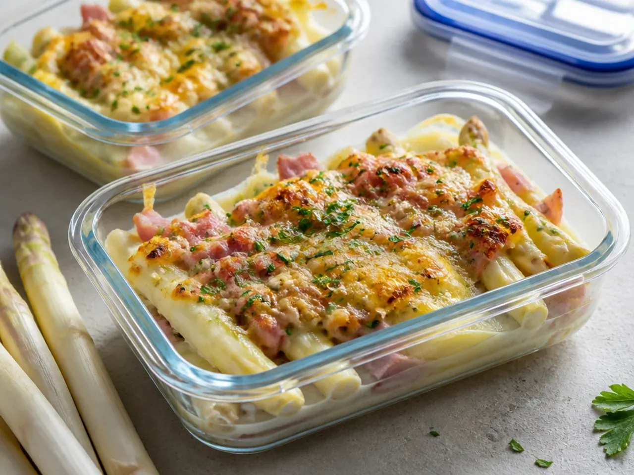 Leftover white asparagus gratin stored in a glass airtight container in the fridge.