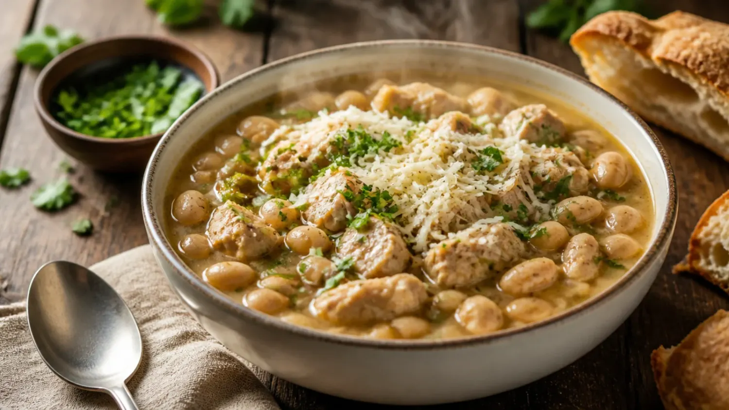 Bowl of creamy white bean chicken chili topped with shredded cheese, sour cream, cilantro, and a lime wedge