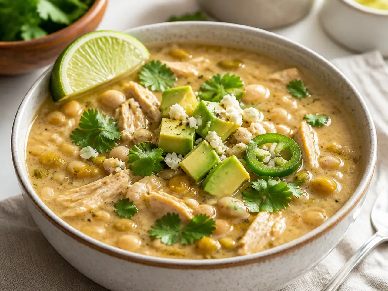 Overhead shot of a pot of white bean chicken chili surrounded by bowls of toppings