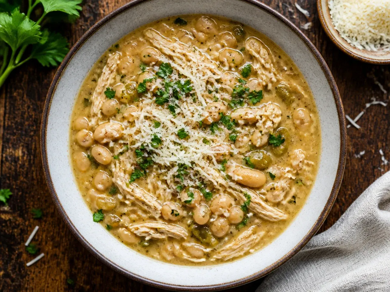 Pot of classic white bean chicken chili simmering on the stovetop