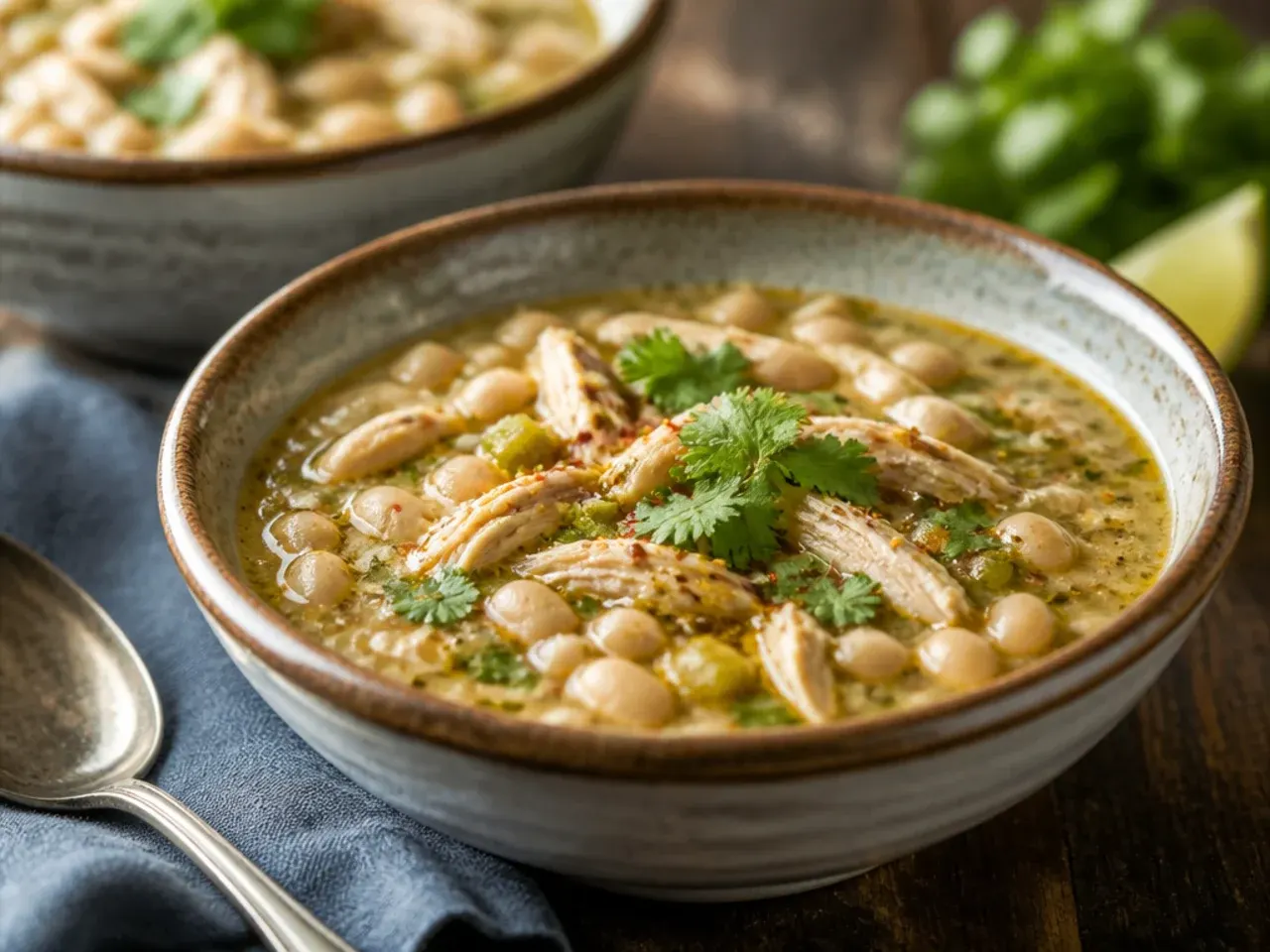 Bowl of easy weeknight white bean chicken chili made with rotisserie chicken