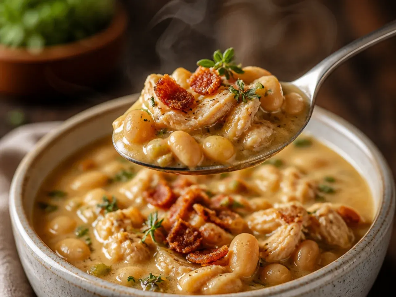 Thick, hearty white bean chicken chili with great northern beans in a rustic bowl