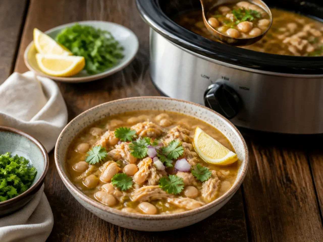 Slow cooker filled with white bean chicken chili and shredded chicken