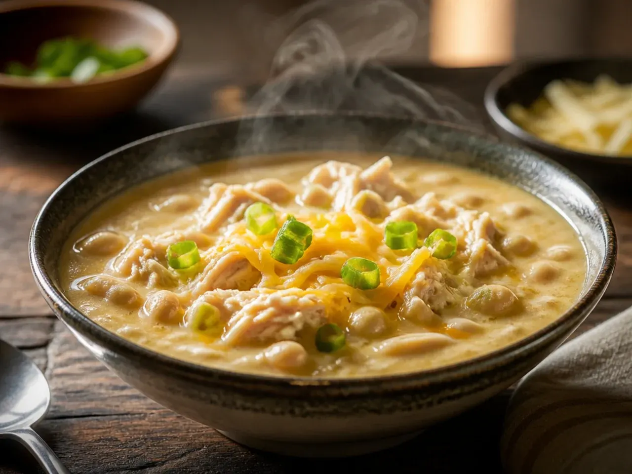 Close-up of creamy white bean chicken chili with cream cheese stirred through
